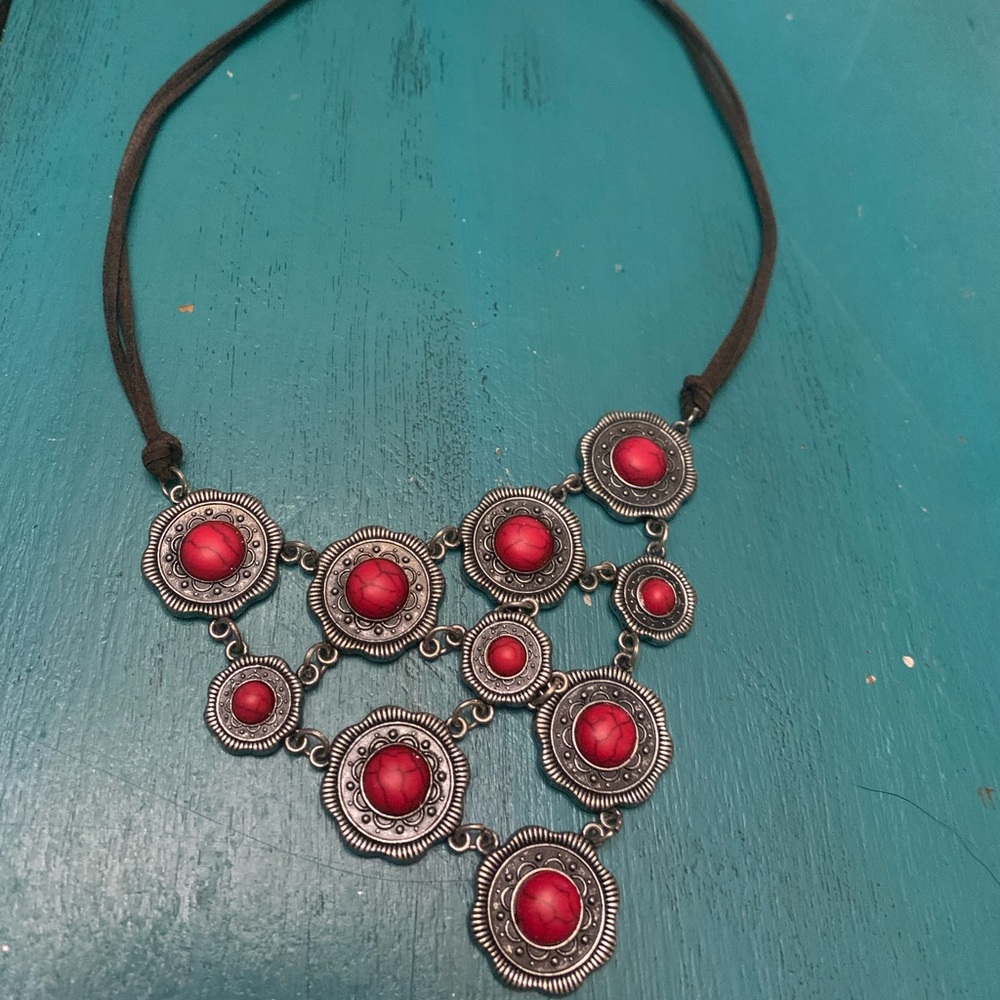 Leather necklace with silver & red beaded design
